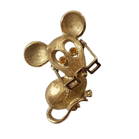 Vintage AVON Mouse w/Glasses & Amber Rhinestone Eyes Gold Tone Brooch Lapel Pin - Picture 1 of 6